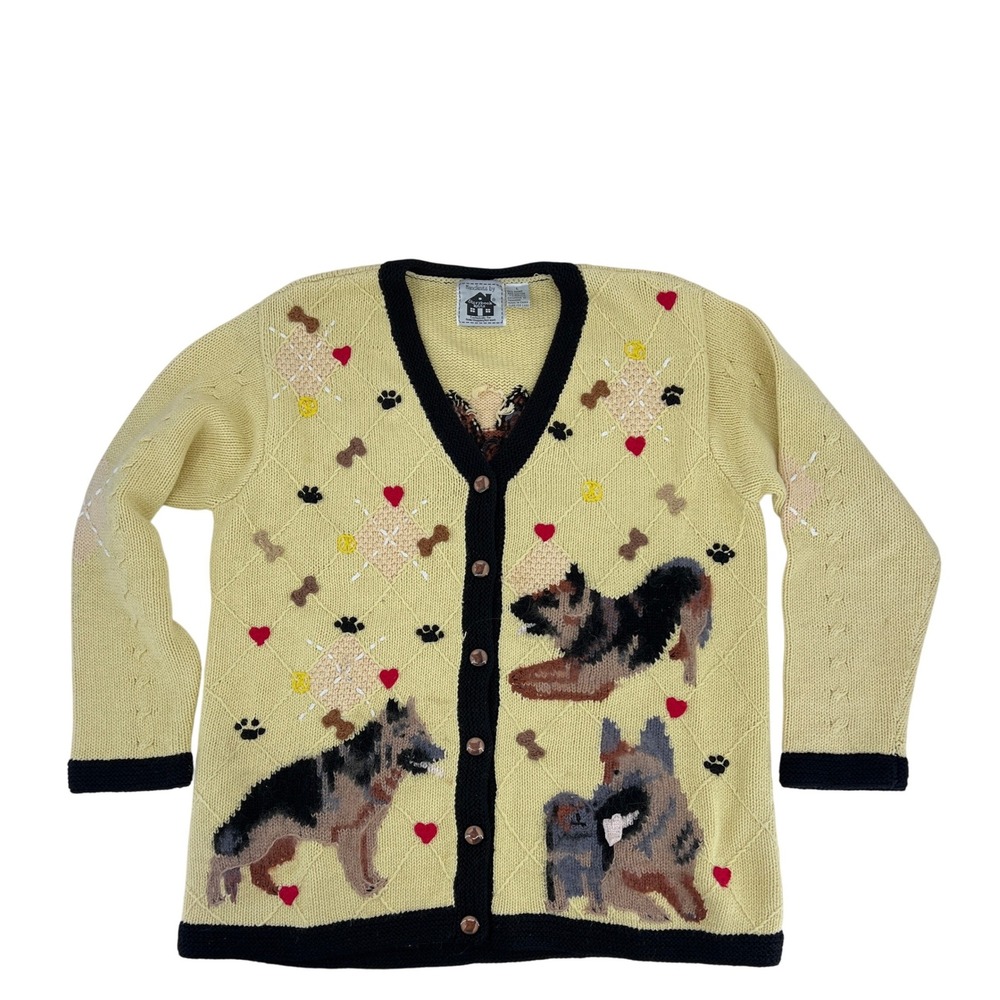 Storybook Knits Cardigan Womens Large Yellow Dog Novelty Print